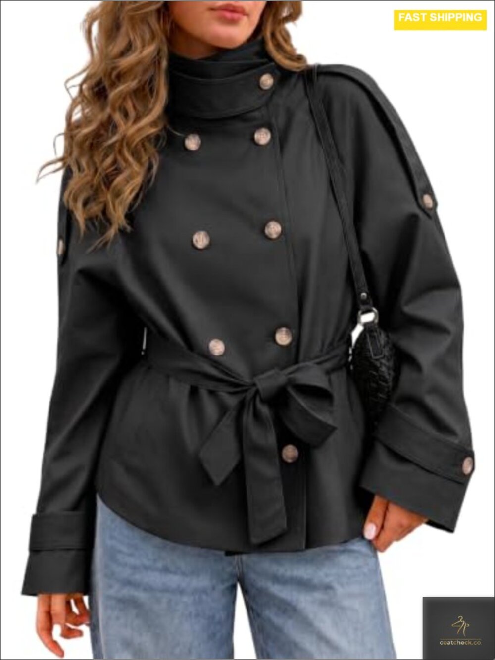 Womens Short Trench Coat Double Breasted Belted Jacket